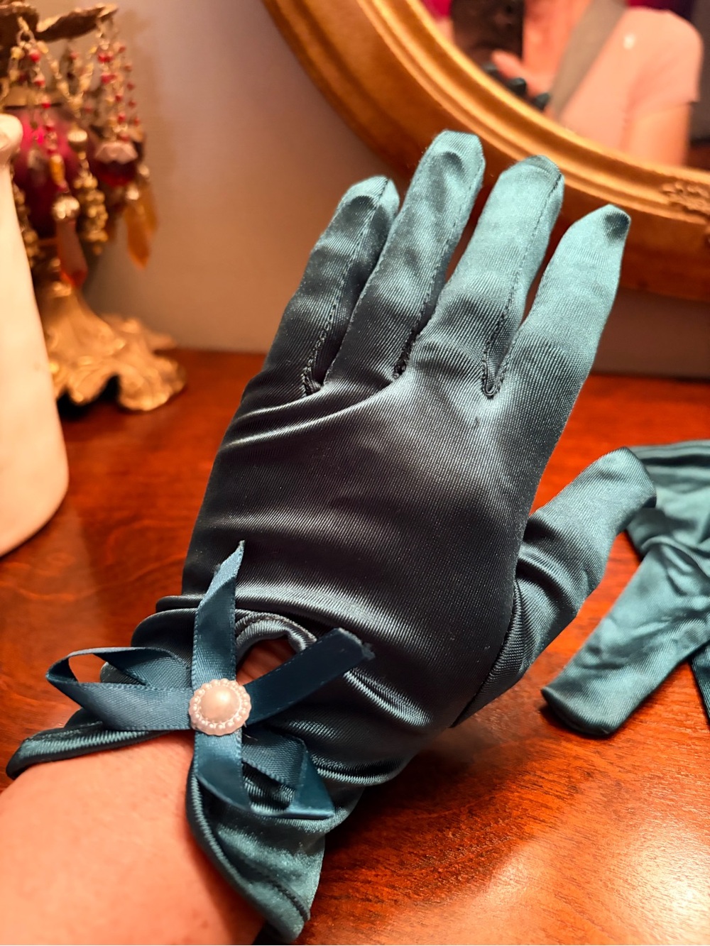 Elegant Teal Satin Wrist Gloves with Bow Accent